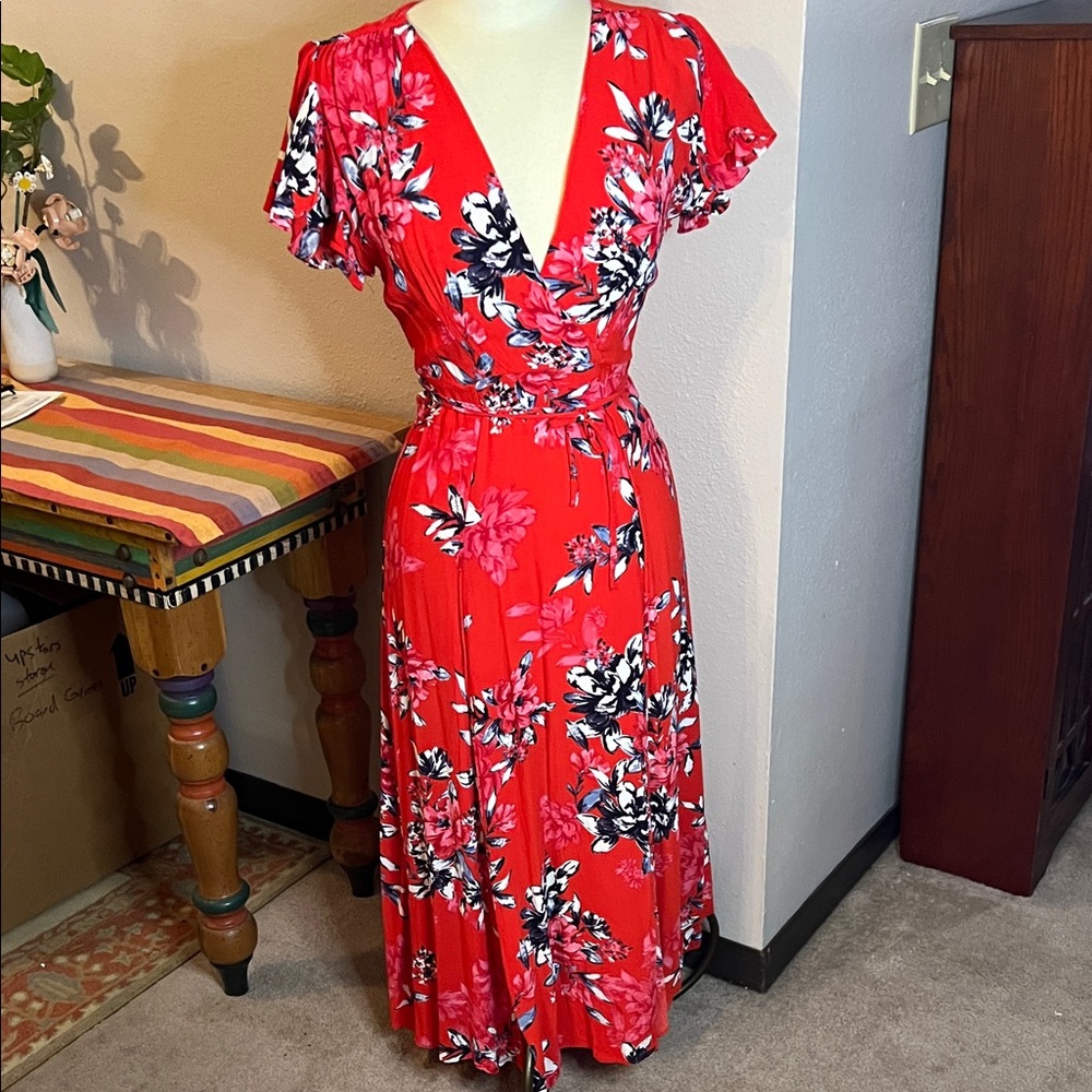 French Connection Red Floral Midi Dress